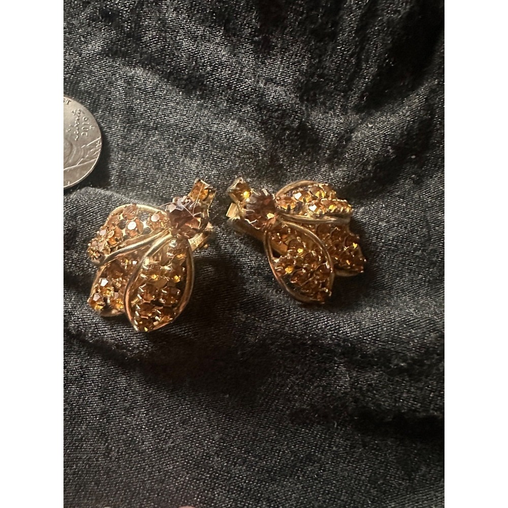 Vintage Hobe Gold Tone‎ Bees Clip-On Earrings With Rhinestones - Picture 2 of 9